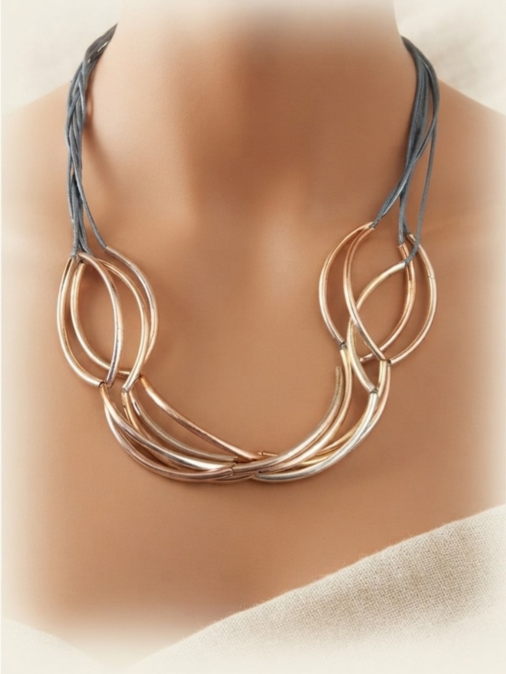 Lizzy James Mixed Metal Curved Link Leather Statement Necklace